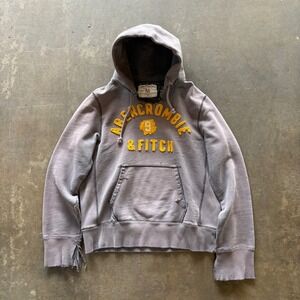 Abercrombie & Fitch Hoodie Mens Medium Gray Distressed Logo Pullover Y2K Grunge
